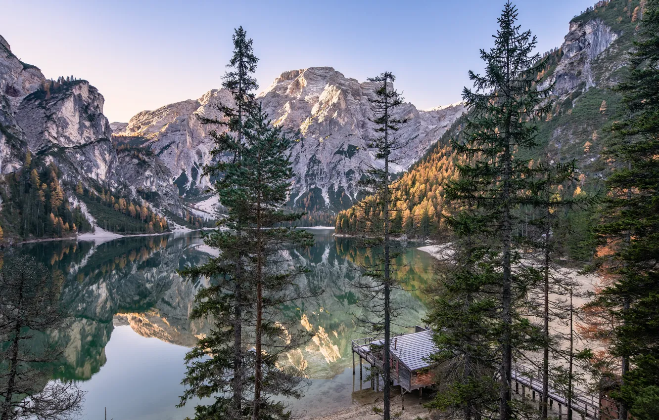 Фото обои деревья, горы, озеро, отражение, Италия, Italy, Доломитовые Альпы, Южный Тироль