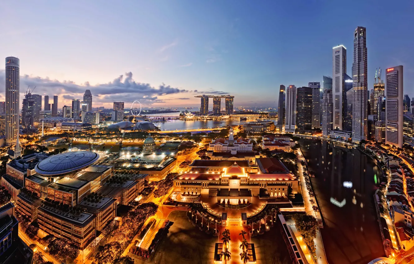 Фото обои город, огни, дома, небоскребы, вечер, Азия, Сингапур, Singapore