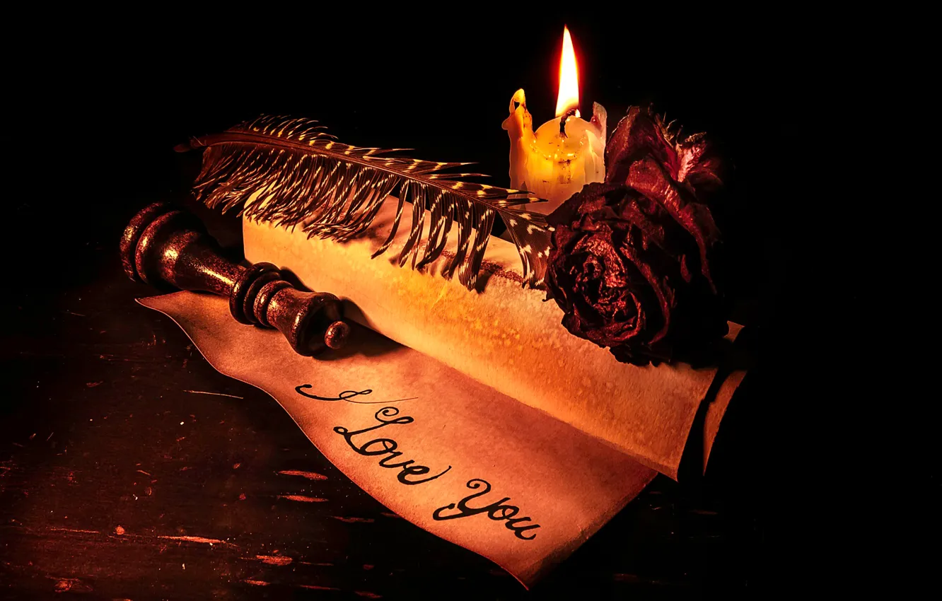 Фото обои винтаж, свиток, The love letter, свеча.роза