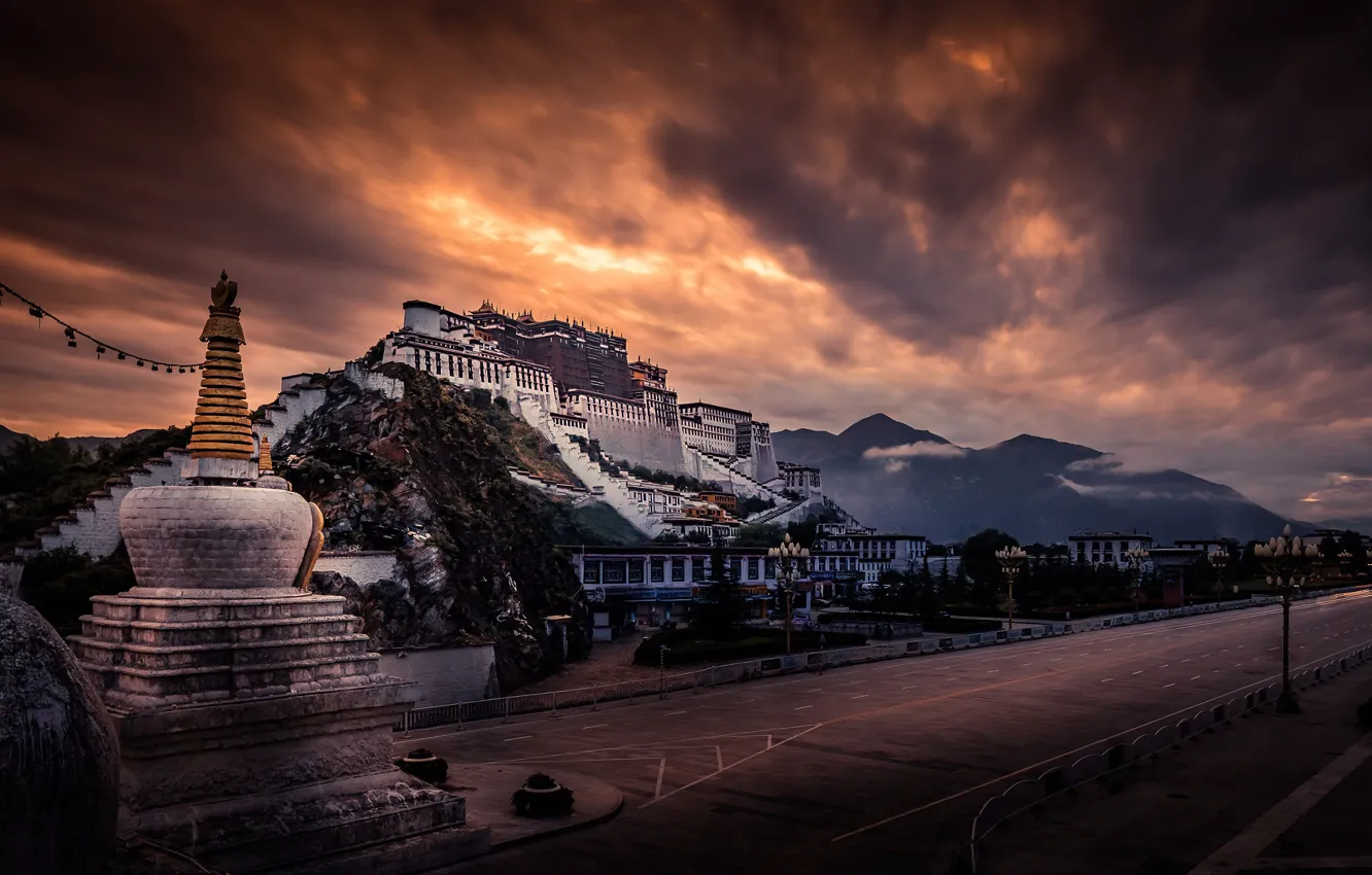 Фото обои road, mountains, clouds, Tibet, Potala Palace