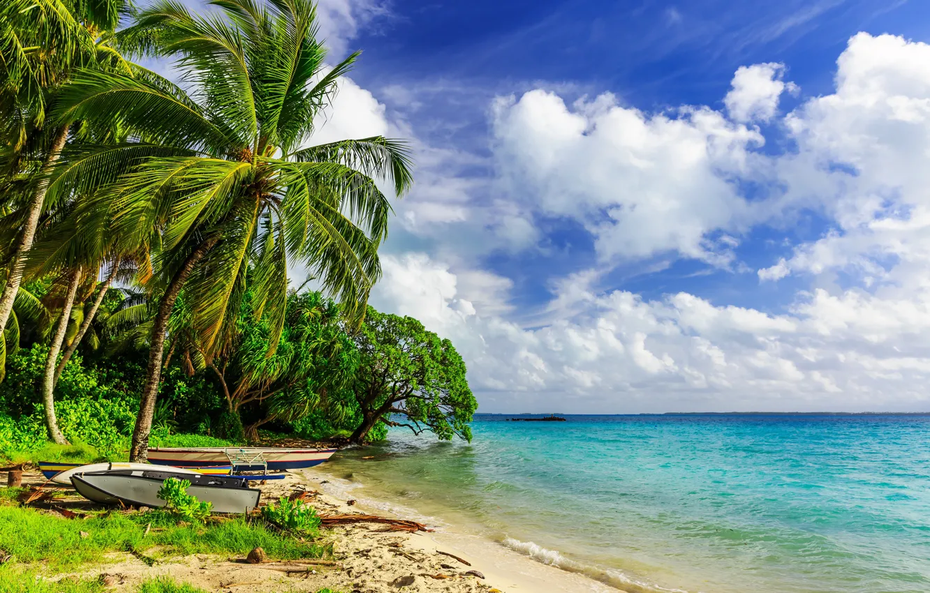 Фото обои песок, море, небо, солнце, облака, деревья, тропики, пальмы