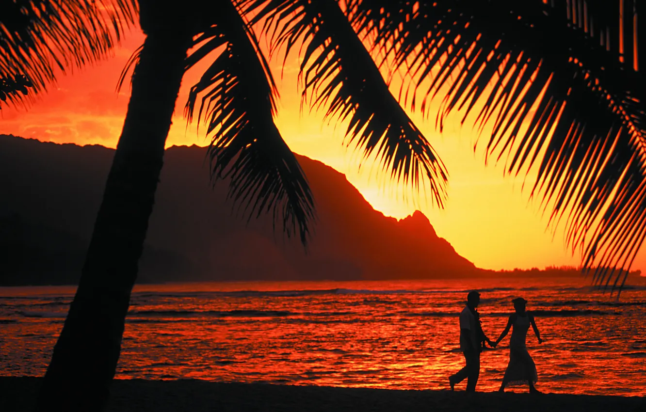 Фото обои закат, пальмы, океан, романтика, вечер, двое
