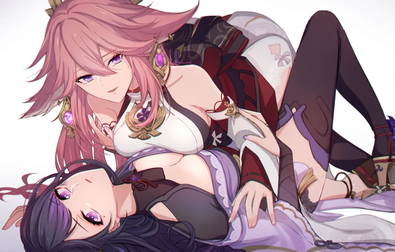 Фото обои genshin impact, raiden shogun, yae miko, gadis kawaii