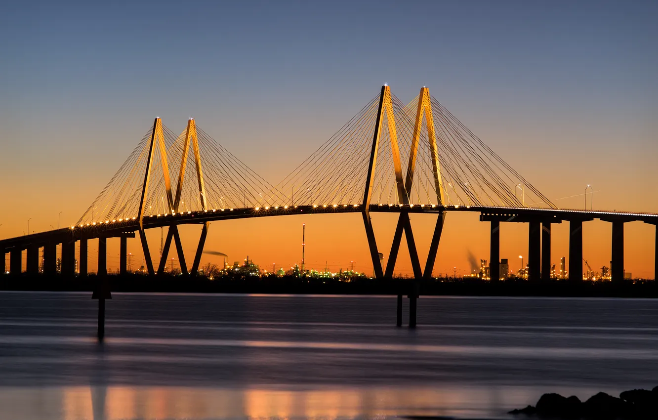 Фото обои мост, город, река, Texas, расвет, Baytown, Fred Hartman bridge