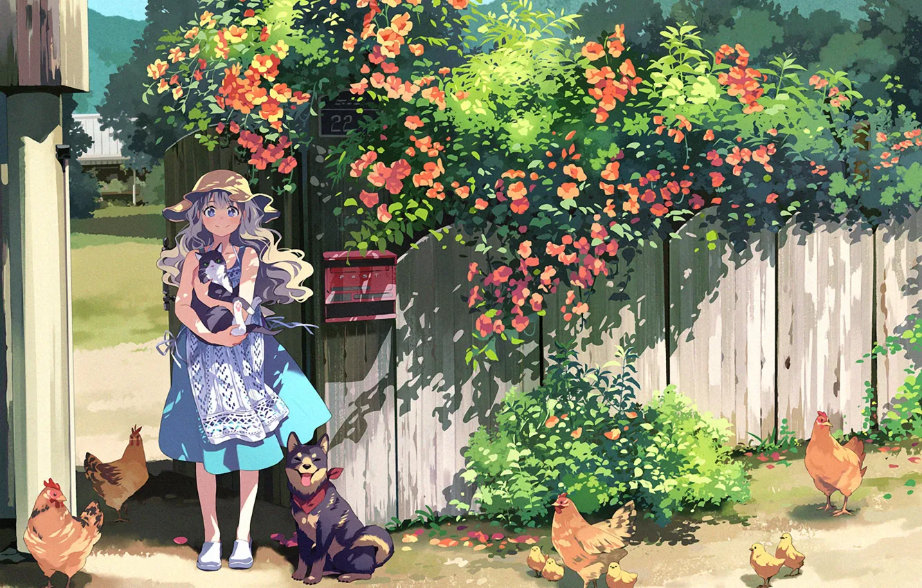 Фото обои кот, цветы, деревня, девочка, куры