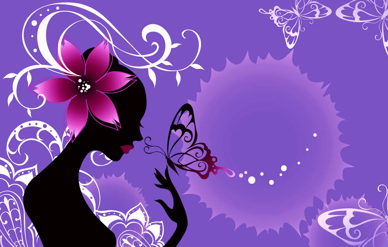 Фото обои цветок, девушка, абстракция, стиль, коллаж, бабочка, силуэт