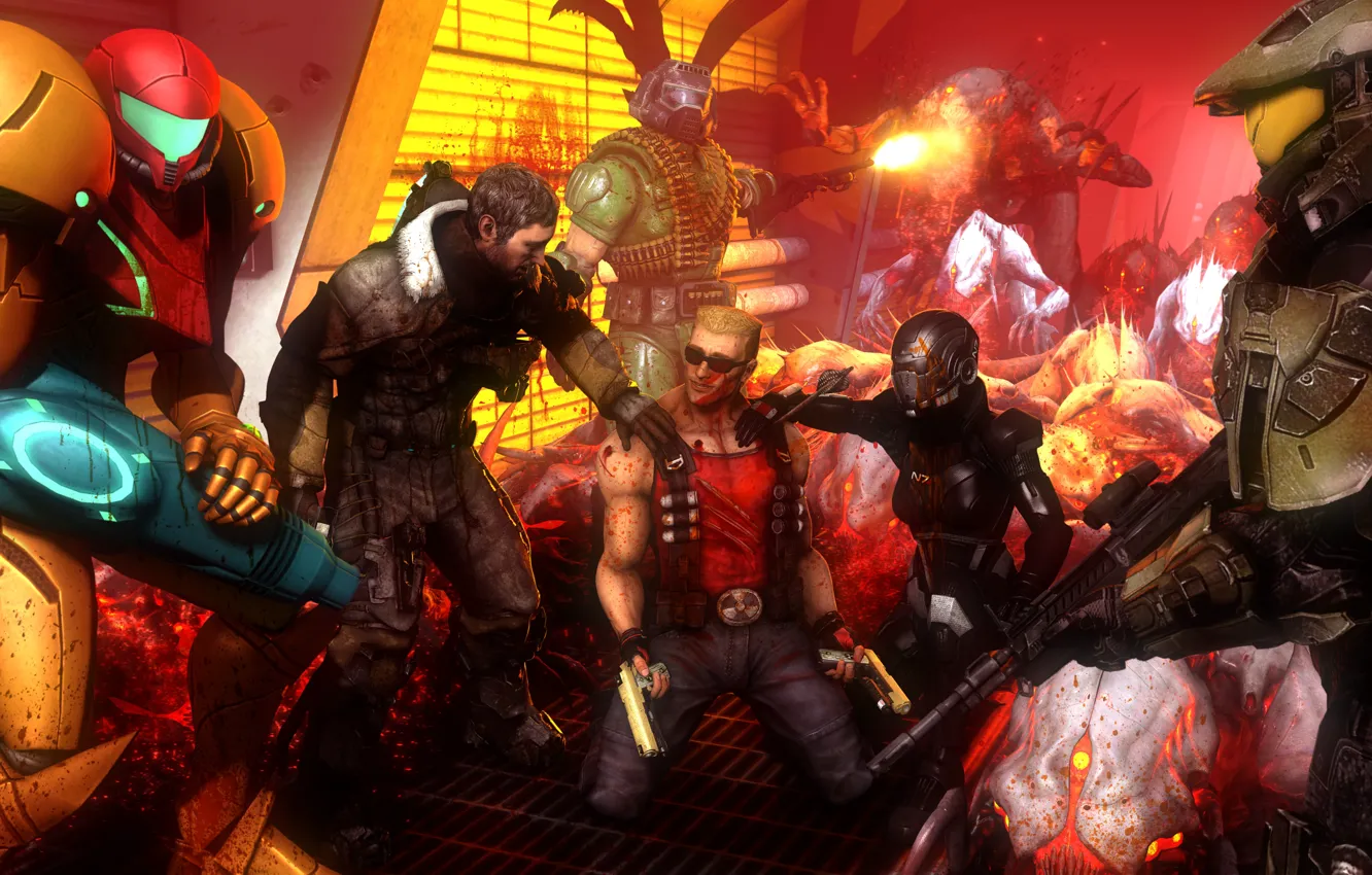 Фото обои dead space, halo, crossover, duke nukem, isaac clarke, samus aran, metroid, doom