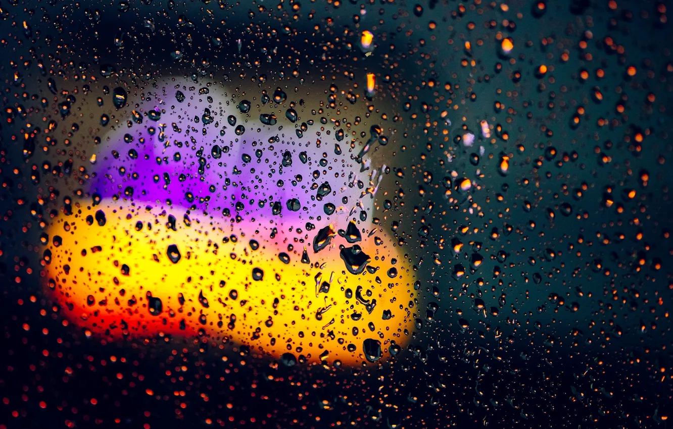 Фото обои стекло, вода, капли, макро, огни, фон, дождь, обои