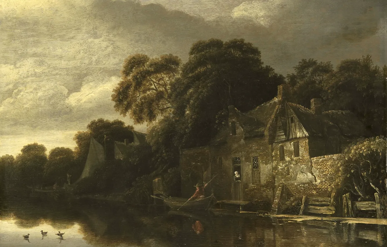 Фото обои пейзаж, картина, Старый Крестьянский Дом у Воды, Michiel Van Vries