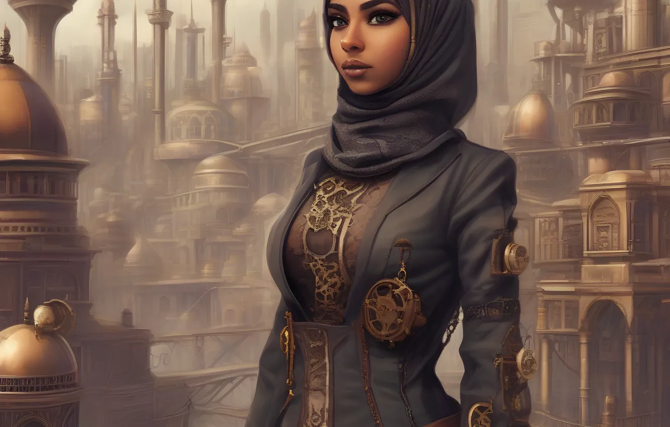 Фото обои city, steampunk, muslim girl