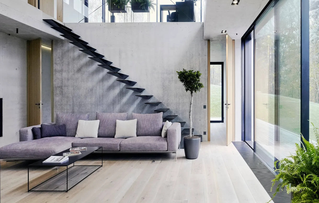 Фото обои вилла, интерьер, лестница, гостиная, два уровня, by Lolot Design, Cesis Schueco Sverige, VILLA A