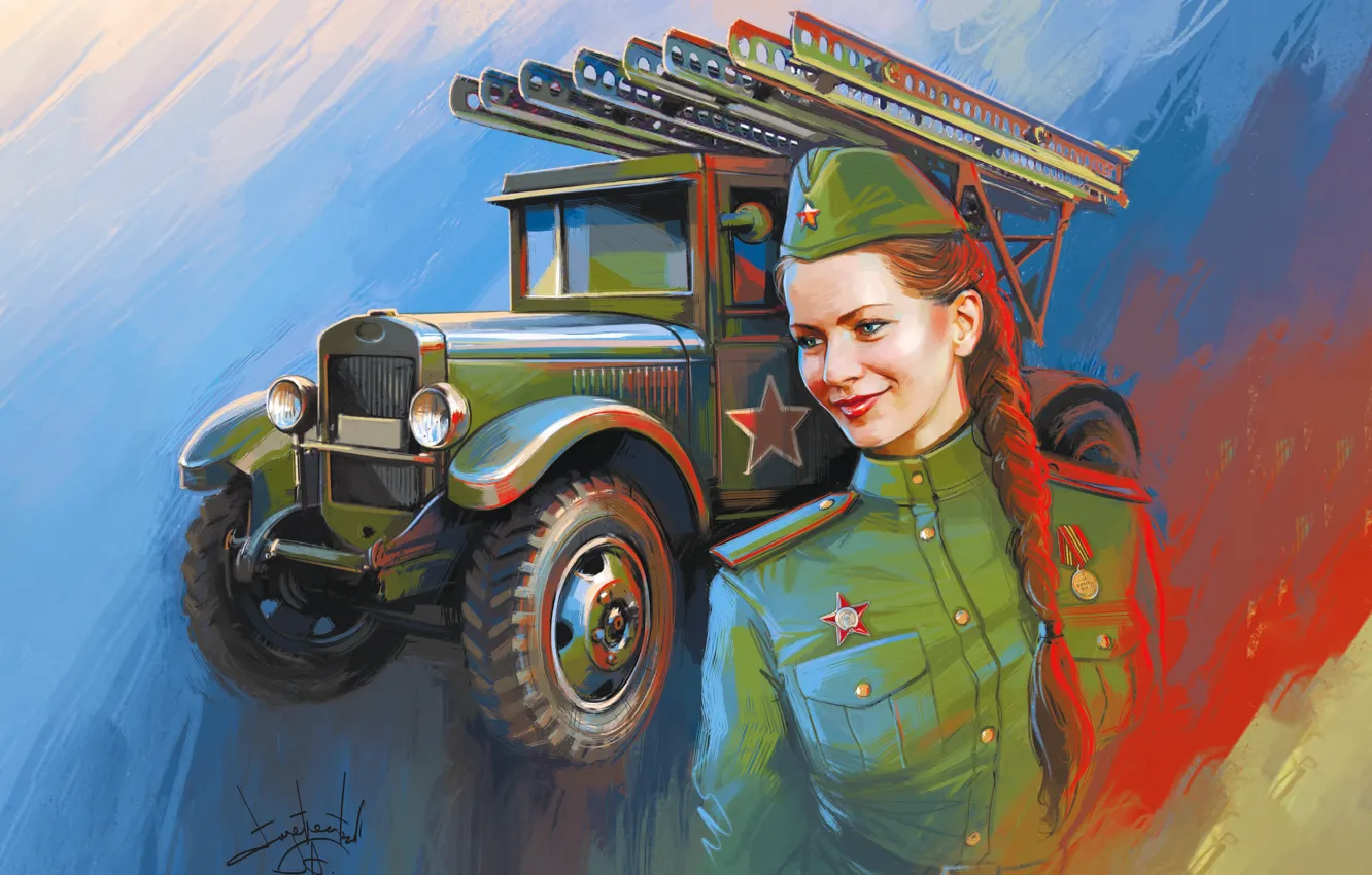 Фото обои Девушка, Рисунок, Машина, Girl, Солдат, СССР, Боец, Art