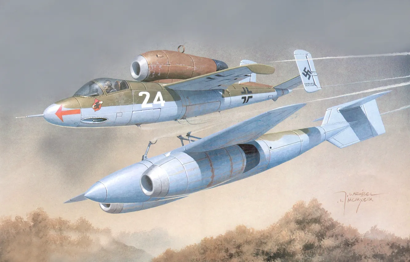 Фото обои небо, война, истребитель, Арт, немецкий, Heinkel, Arado, самолёт-снаряд