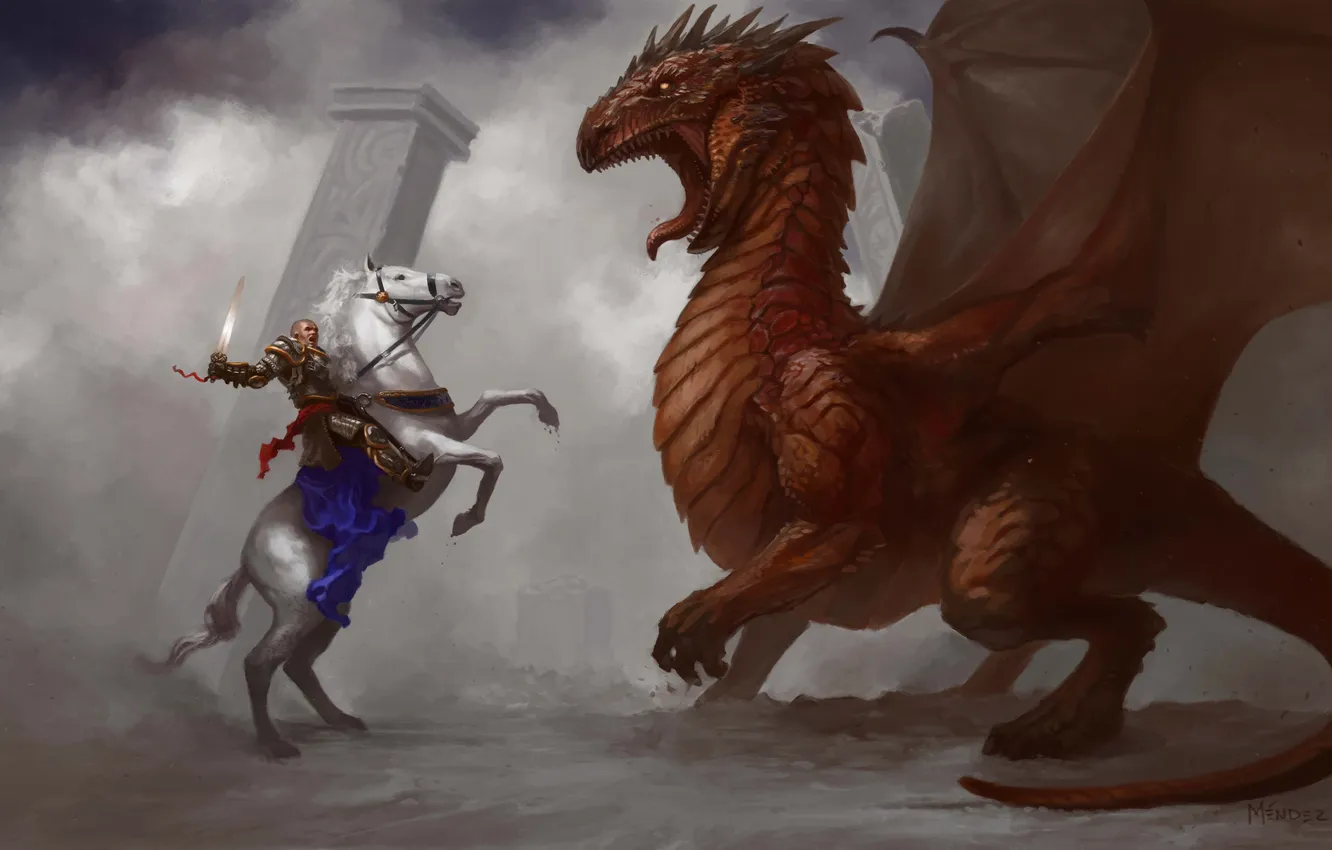 Фото обои оружие, конь, дракон, арт, колонны, дымка, всадник, битва