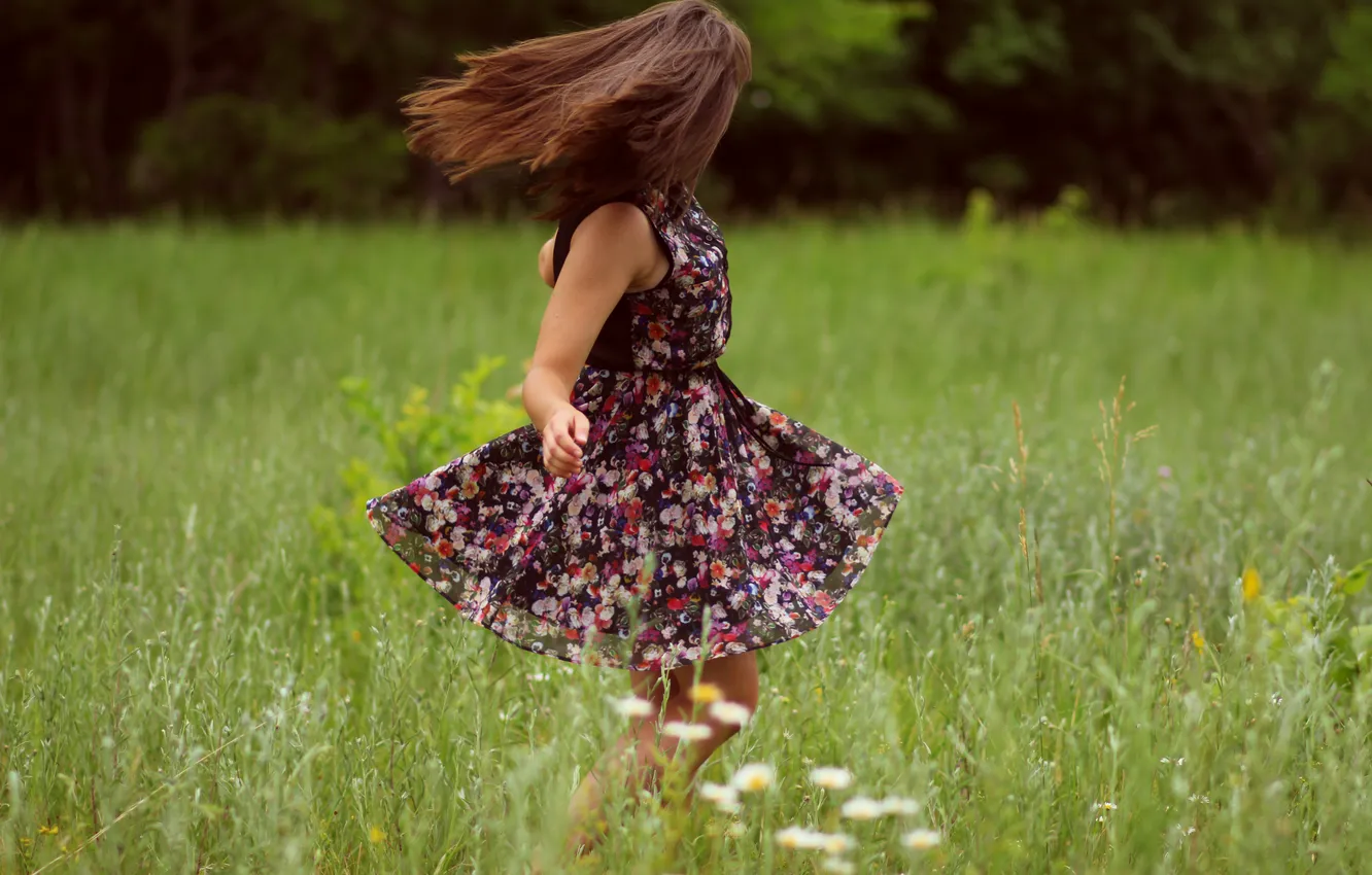Фото обои поле, трава, девушка, платье, шатенка
