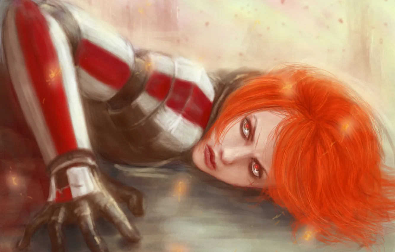 Фото обои девушка, волосы, арт, рыжая, броня, mass effect, Shephard