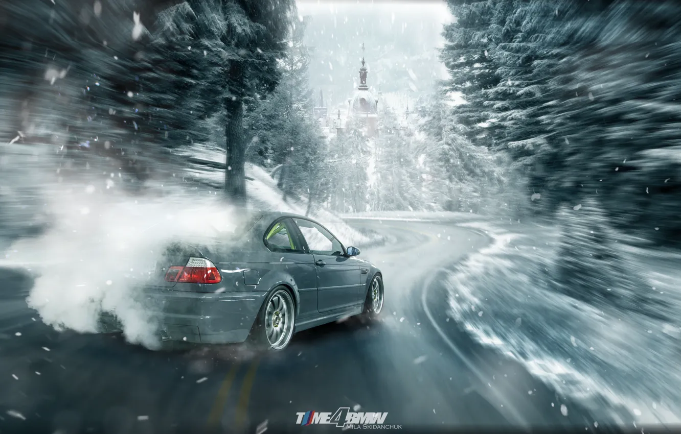 Фото обои зима, car, машина, авто, лес, city, туман, гонка