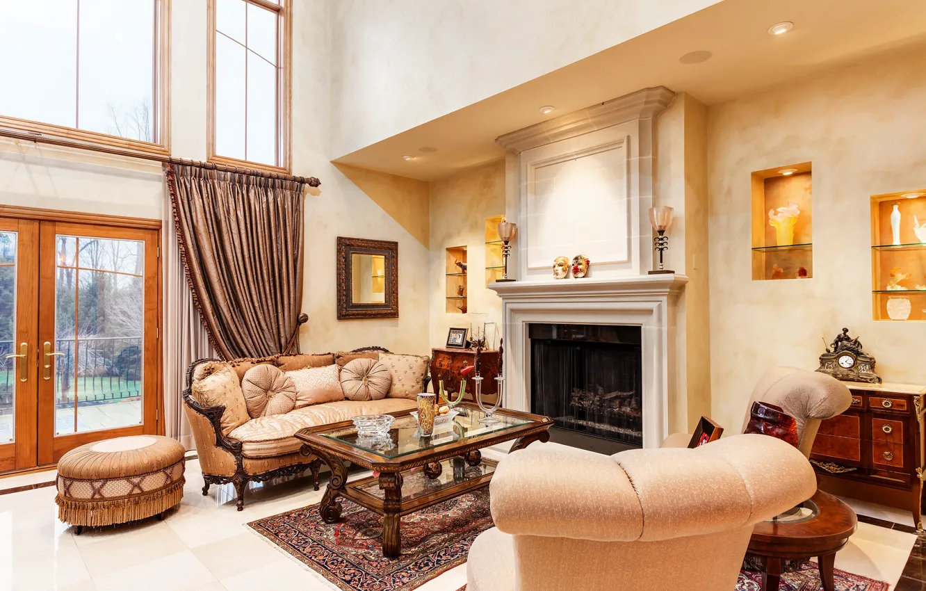 Фото обои дизайн, кресло, камин, гостиная, декор