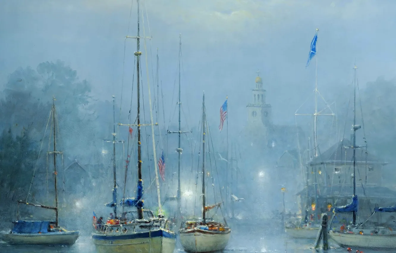 Фото обои город, туман, картина, лодки, гавань, Harvey G
