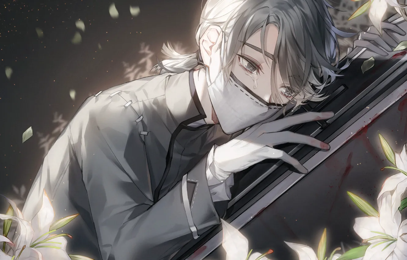 Фото обои кровь, лилии, парень, гроб, плачет, IdentityV