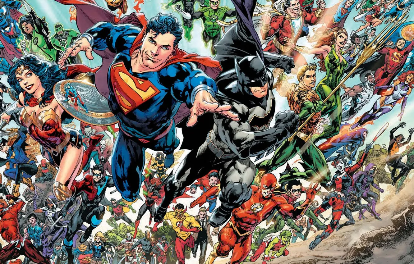 Фото обои batman, superman, heroes, wonder woman, flash, dc comics, green arrow, JLA