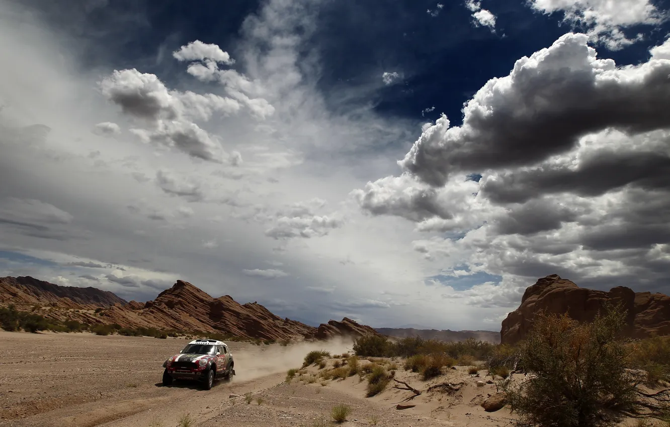 Фото обои Небо, Красный, Облака, Пустыня, Mini Cooper, Rally, Dakar, MINI