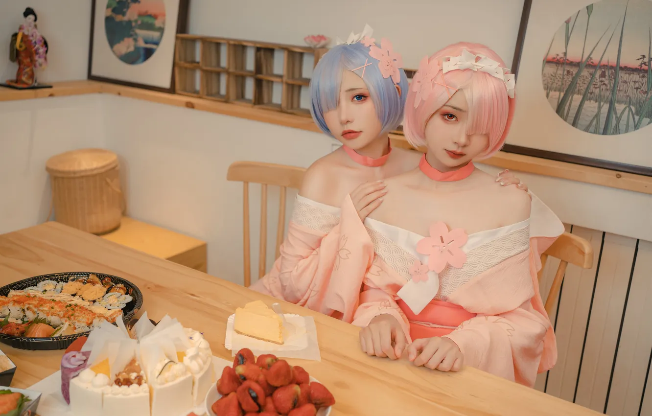 Фото обои еда, азиатка, две подруги, милашка, голубые волосы, косплей, cosplay, asian