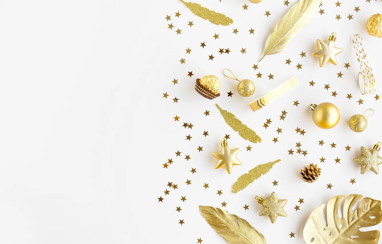 Фото обои праздник, игрушки, конфеты, Новый год, golden, Christmas, декор, шоколадные