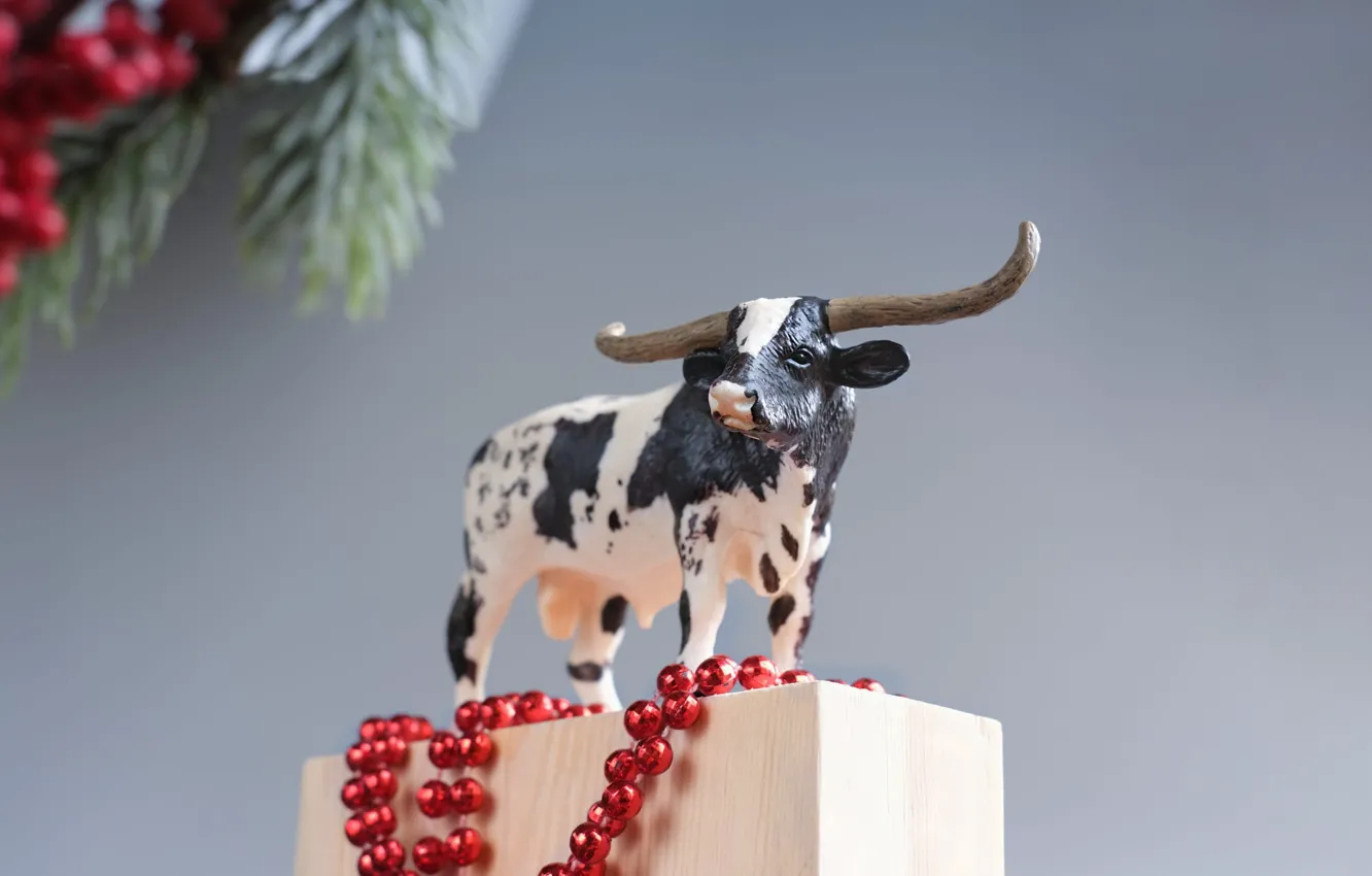 Фото обои праздник, черно-белый, игрушка, корова, Рождество, Новый год, рога, бусы