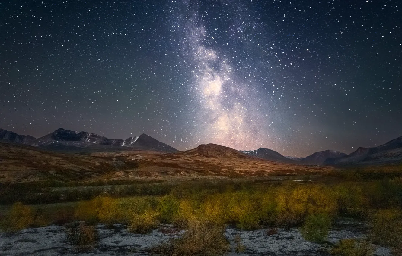 Фото обои осень, горы, звёзды, Норвегия, кусты, Norway, звёздное небо, Rondane National Park