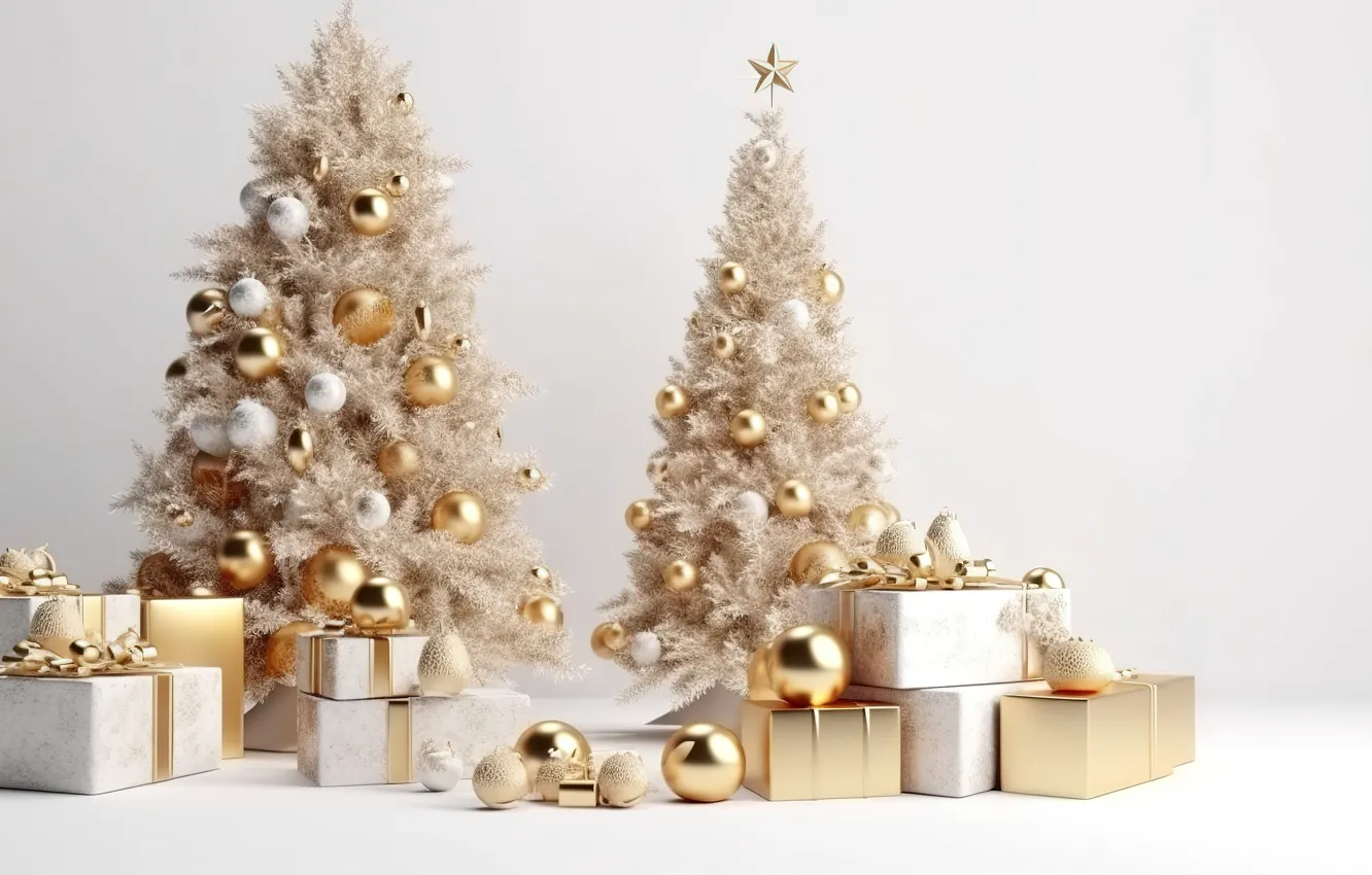Фото обои шары, елка, Новый Год, Рождество, подарки, golden, white, new year