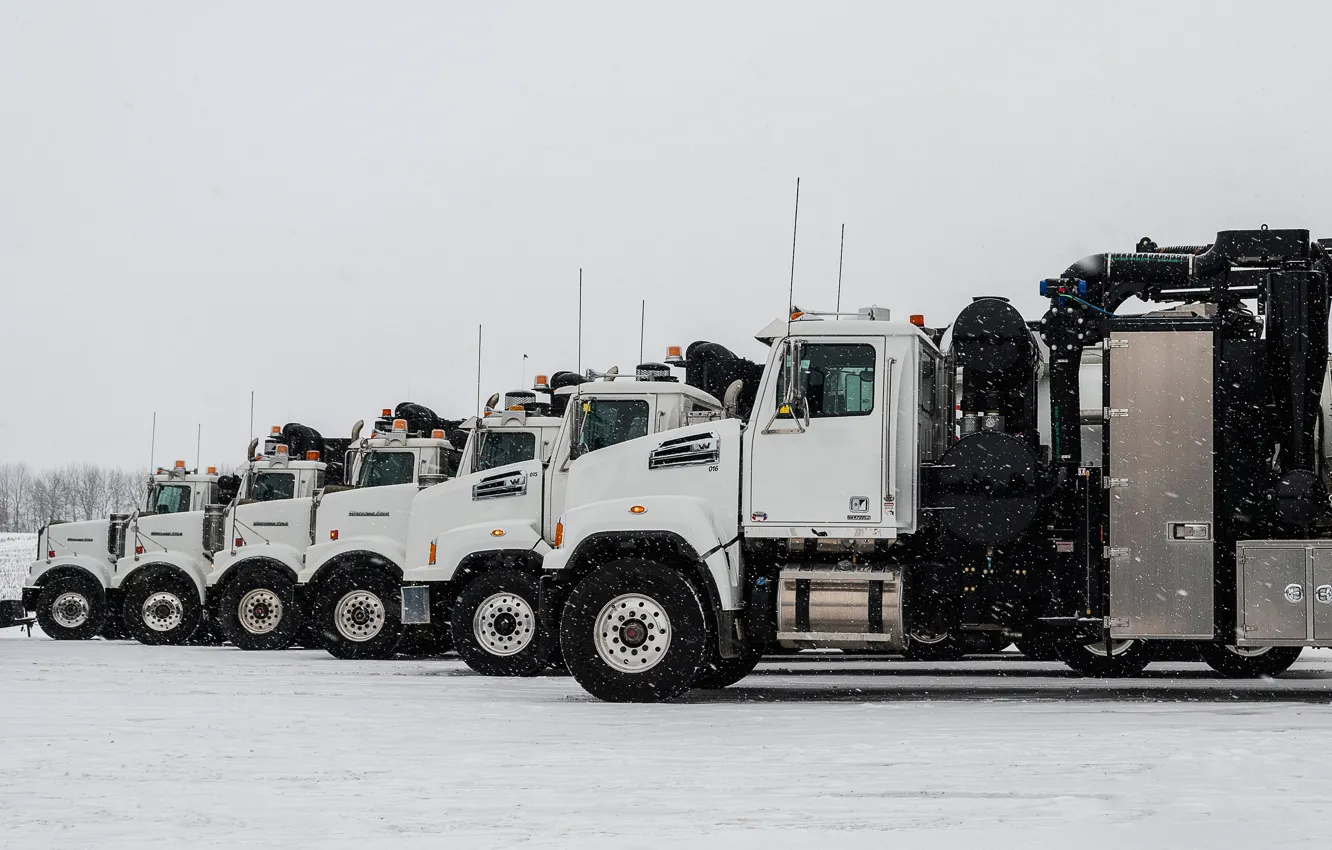 Фото обои снег, грузовики, стоянка, ряд, Western Star