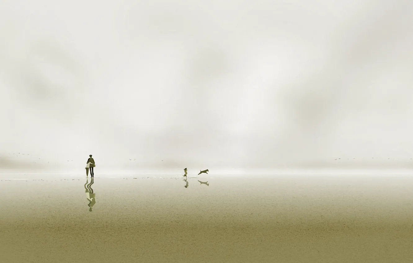 Фото обои море, пляж, отражение, собака, арт, пара, девочка