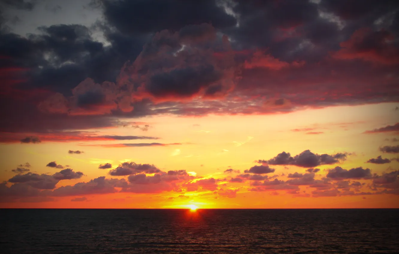Фото обои море, волны, солнце, закат, горизонт