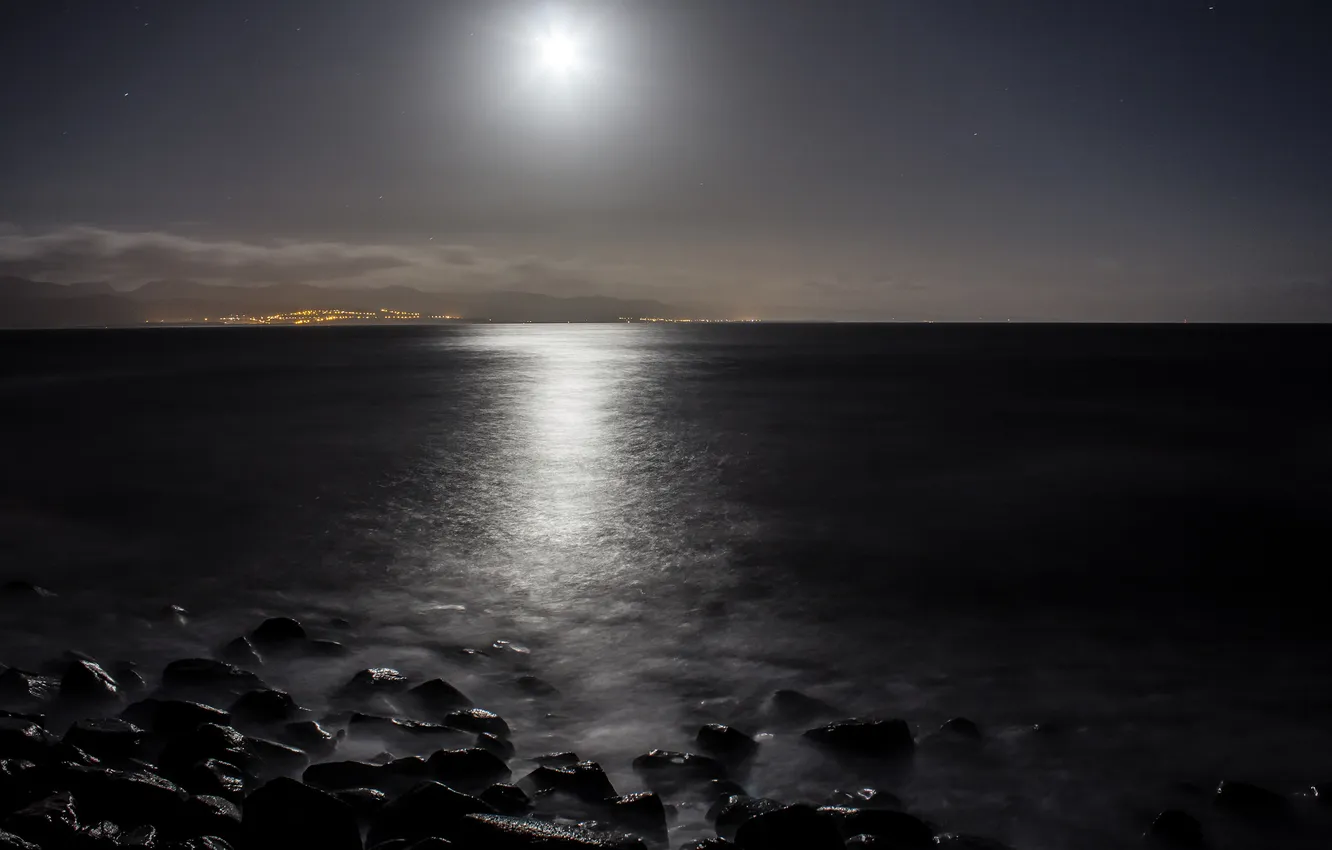 Фото обои море, небо, пейзаж, ночь, луна