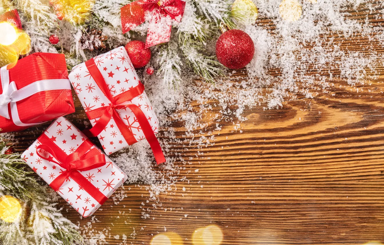 Фото обои снег, украшения, Новый Год, Рождество, подарки, happy, Christmas, wood