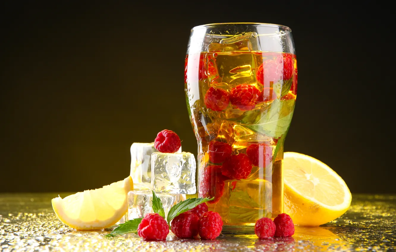 Фото обои лед, стакан, малина, лимон, еда, напиток