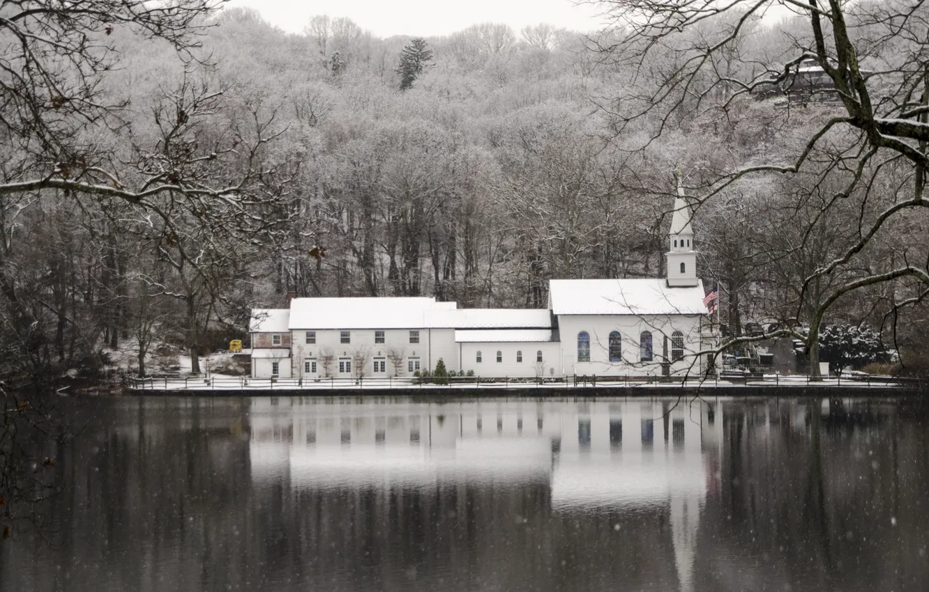 Фото обои снег, озеро, отражение, церковь, lake, reflection, church, snowing
