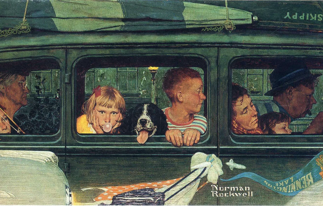 Фото обои машина, лодка, собака, семья, поездка, Norman Rockwell, Иллюстрация