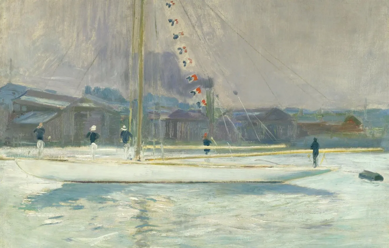 Фото обои картина, морской пейзаж, 1899, Поль Сезар Эллё, Paul Cesar Helleu, Яхта Заходящая в Порт