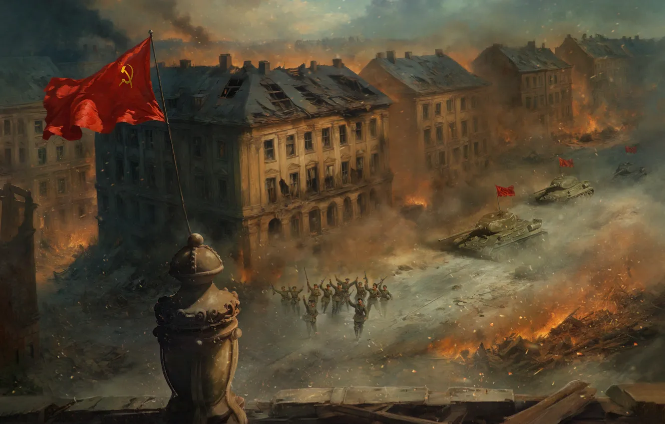 Фото обои дома, Германия, арт, солдат, танк, СССР, ВОВ, Великая Отечественная война