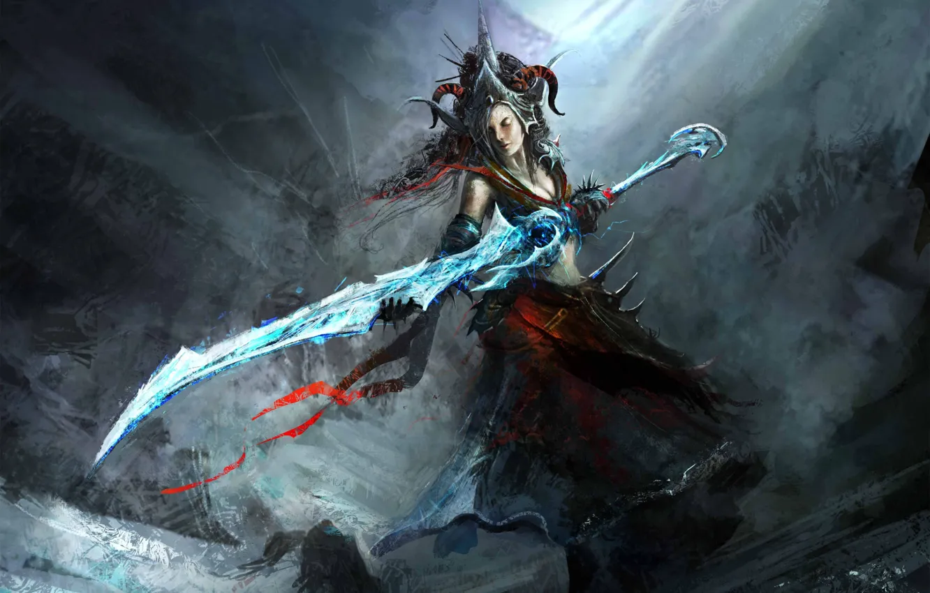 Фото обои холод, девушка, оружие, меч, корона, арт, рога