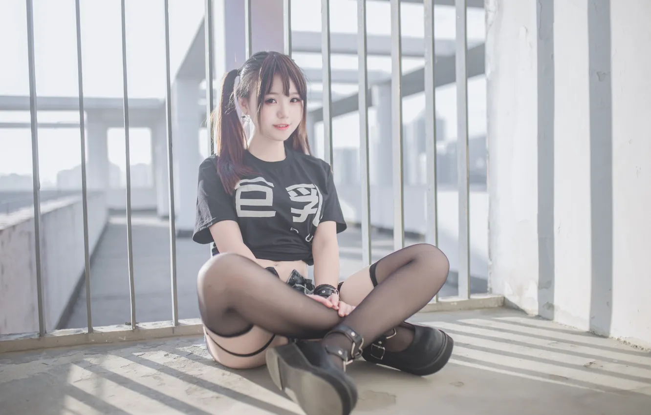 Фото обои поза, азиатка, black stockings, asian, pose, черные чулки, милая девушка, cute girl