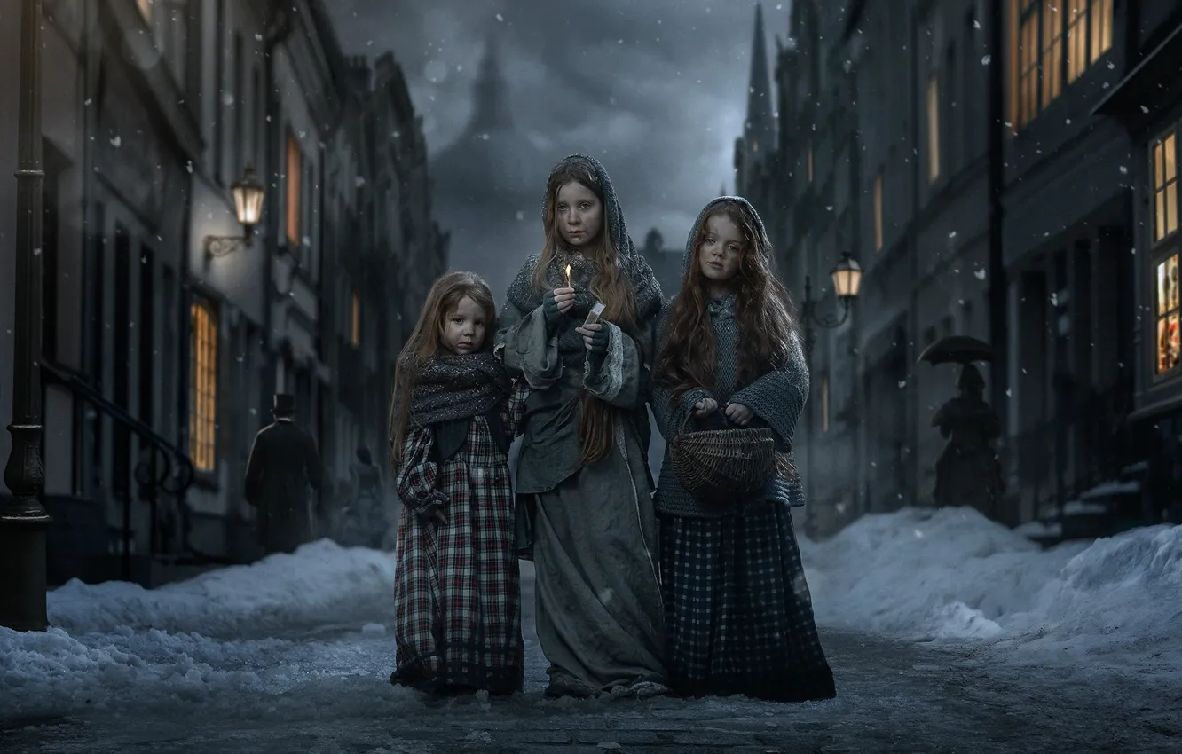 Фото обои зима, снег, дети, город, улица, девочки, ситуация, троица