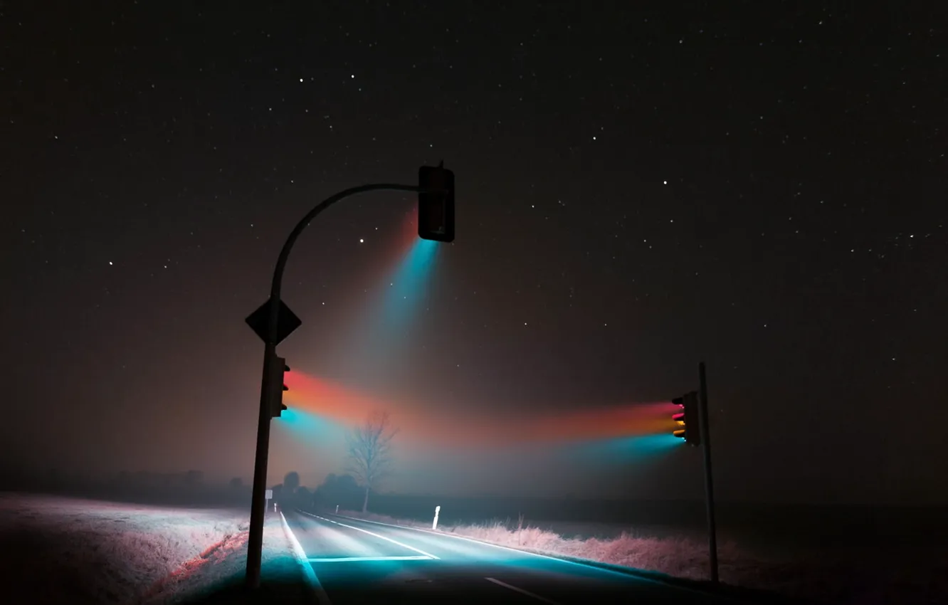 Фото обои дорога, свет, ночь, туман, трасса, night, fog, светофоры