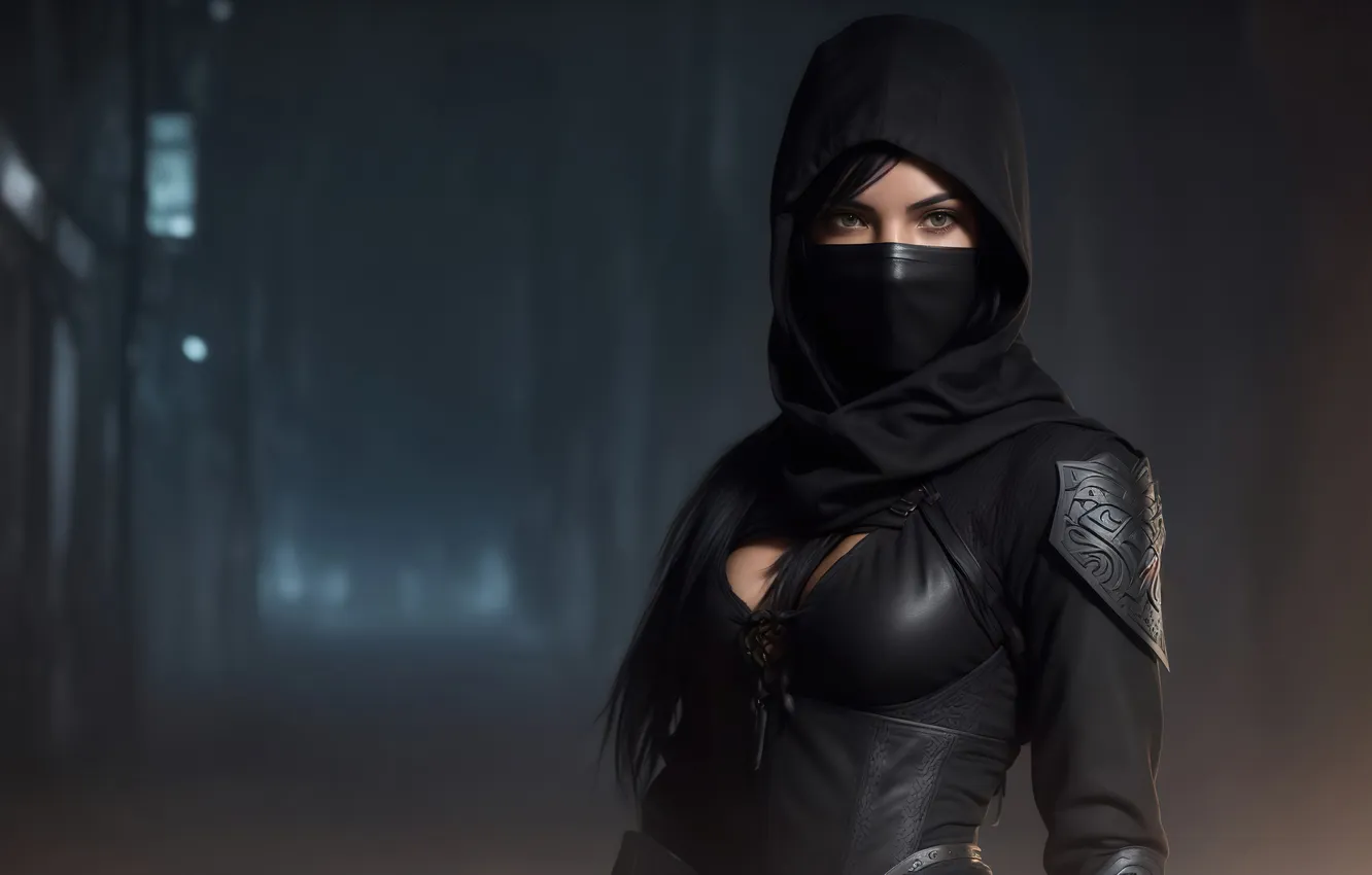 Фото обои girl, fantasy, art, assasin, mask, fantasy art, hood, fantasy girl