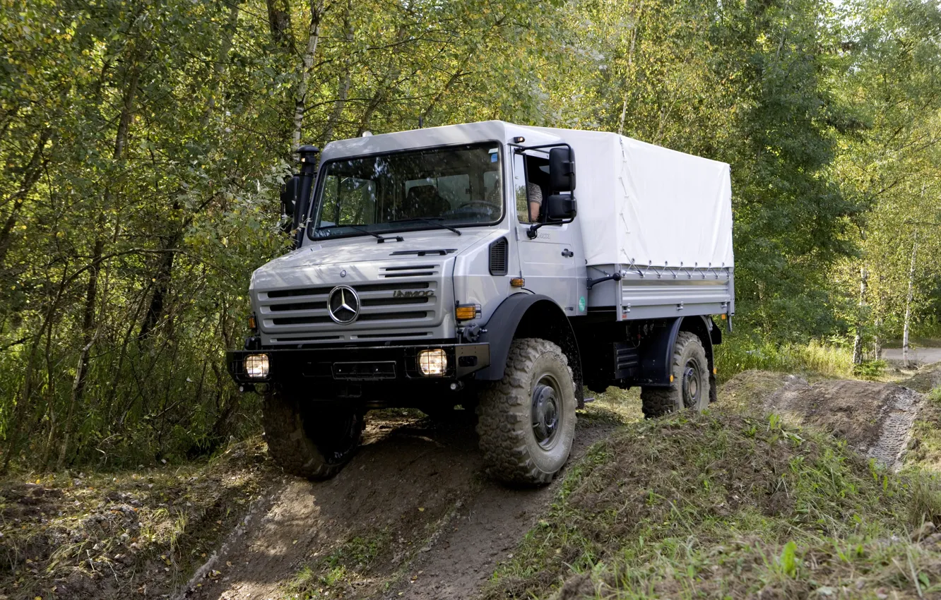Фото обои лес, растительность, Mercedes-Benz, грузовик, бездорожье, 4x4, Unimog, U4000