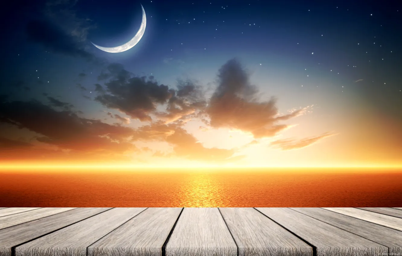 Фото обои море, небо, луна, штиль, ремейк