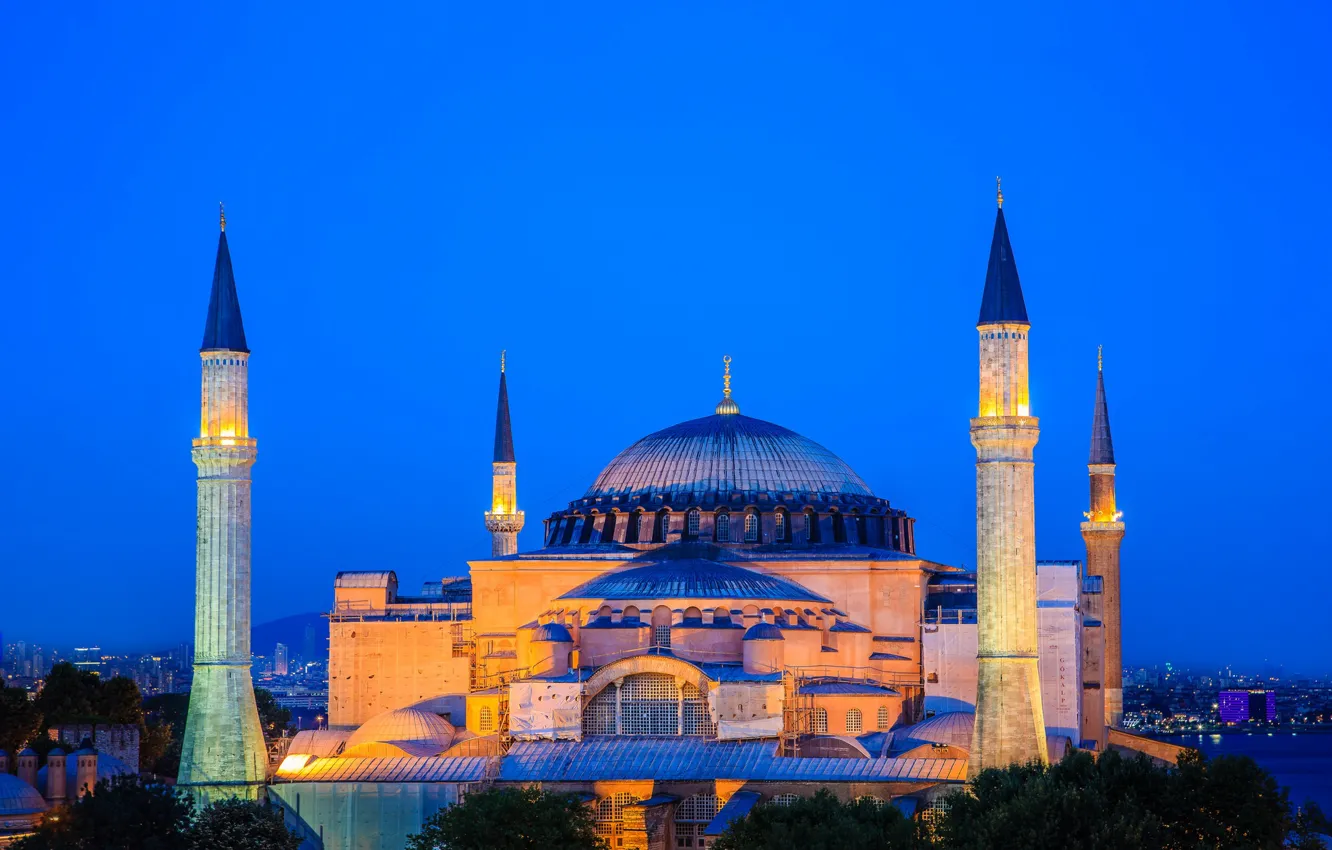 Фото обои ночь, огни, Стамбул, Турция, Собор Святой Софии