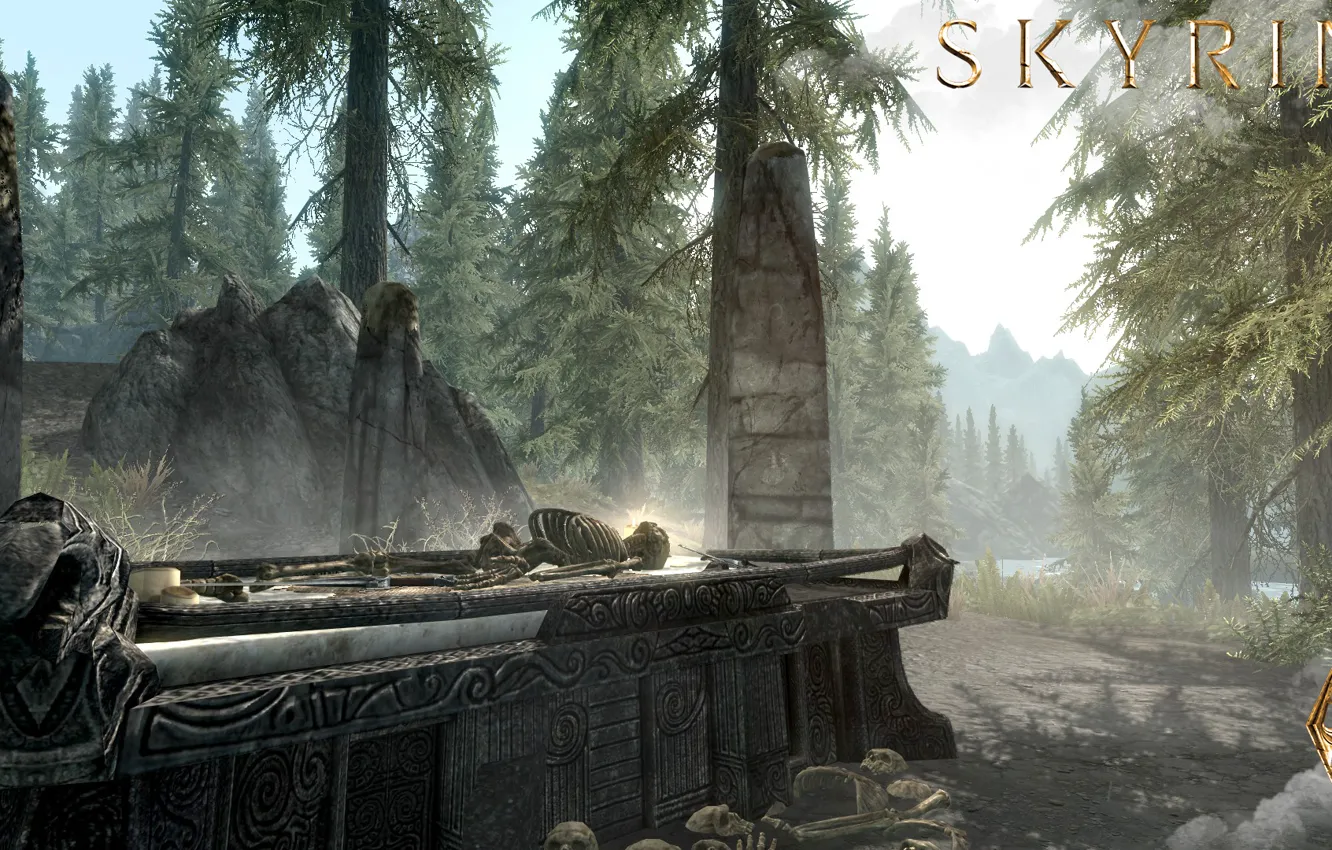 Фото обои лес, горы, кости, скелет, саркофаг, надгробие, Skyrim, The Elder Scrolls V